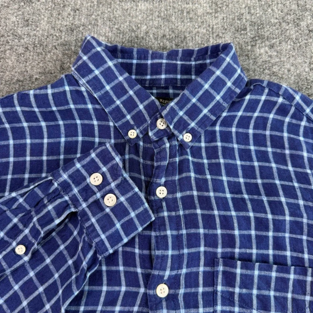 Banana Republic Camden Men Shirt M 100$ Linen Windowpane Plaid Blue EUC